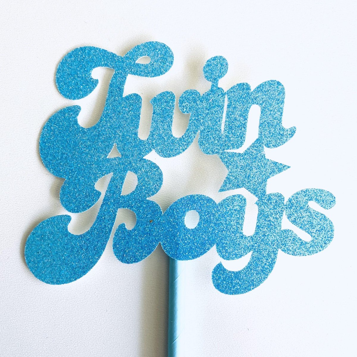 Taarttopper| Cake topper| Baby | Twin Boys| Blauw glitter|12 cm| karton